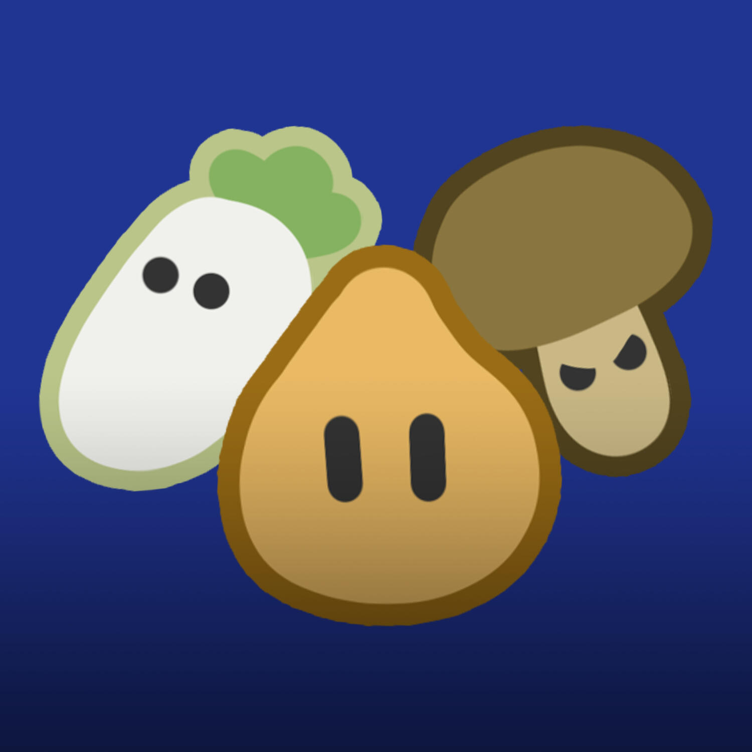 Minimalist icons of a daikon radish, onion, and mushroom on a blue background