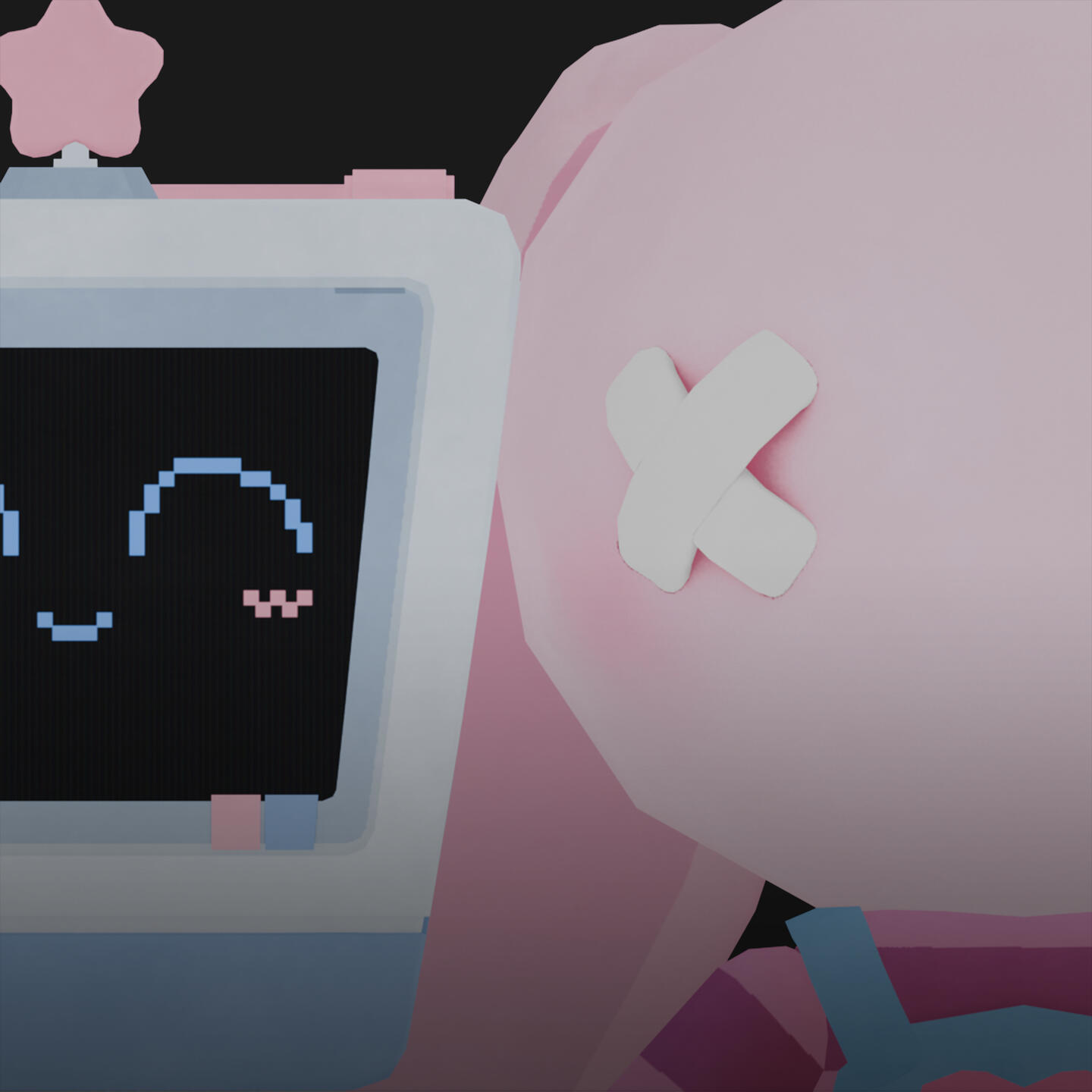 A zoomed in image of a 3D modeled pastel robot with a smiley face screen and a pink bunny with a cross stitched eye